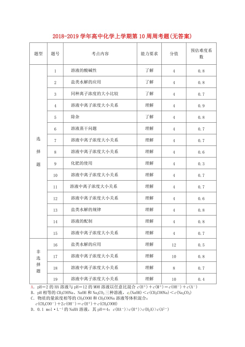 2018-2019学年高中化学上学期第10周周考题(无答案).doc_第1页