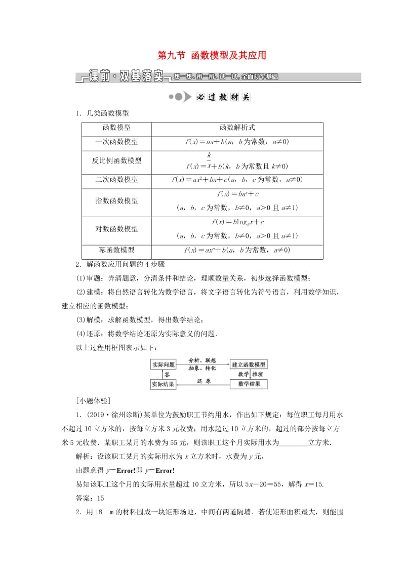 江苏专版2020版高考数学一轮复习第二章函数的概念与基本初等函数Ⅰ第九节函数模型及其应用学案理含解析.doc_第1页