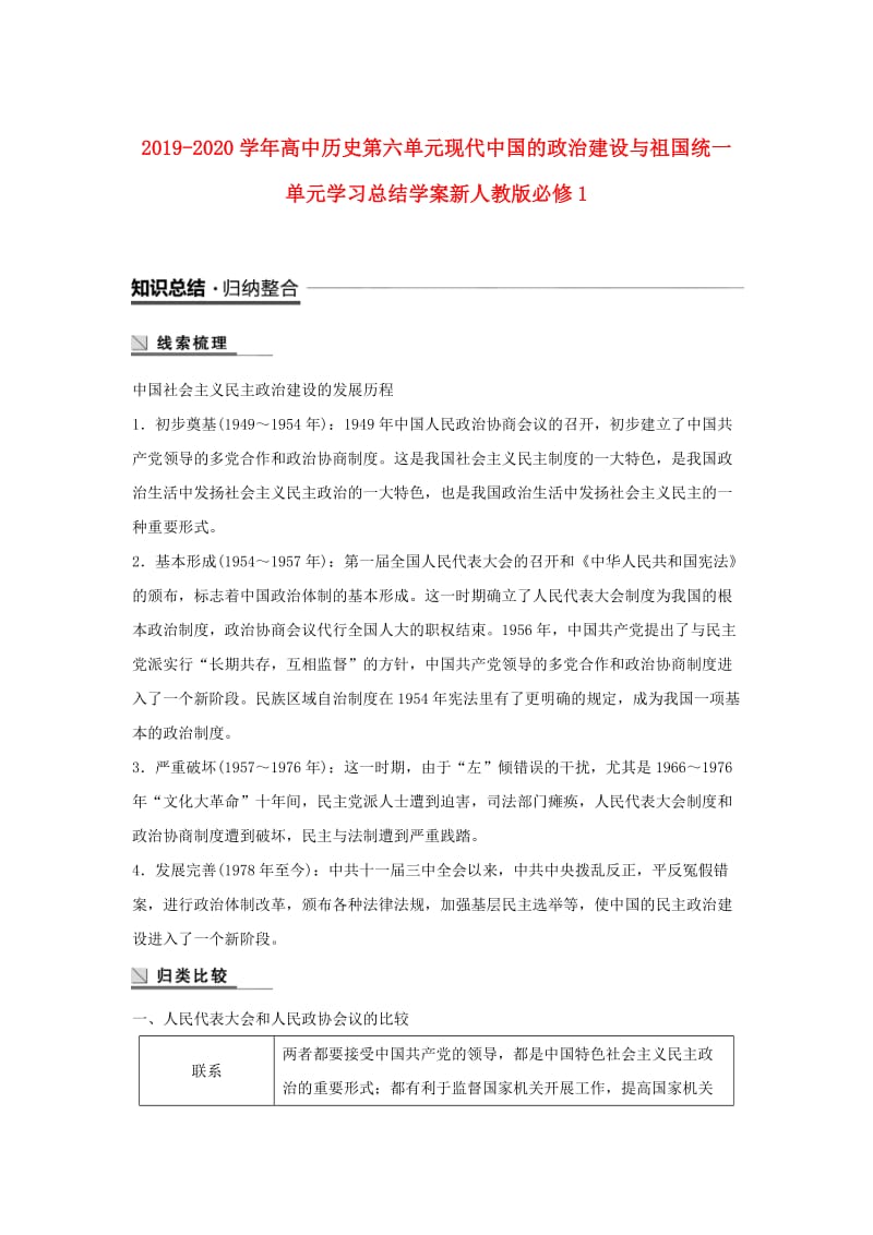 2019-2020学年高中历史第六单元现代中国的政治建设与祖国统一单元学习总结学案新人教版必修1 .doc_第1页