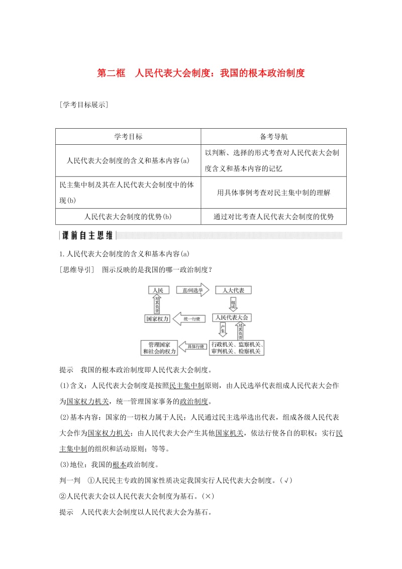 （浙江专用）2018-2019高中政治 第五课 我国的人民代表大会制度 第二框 人民代表大会制度：我国的根本政治制度讲义 新人教版必修2.doc_第1页