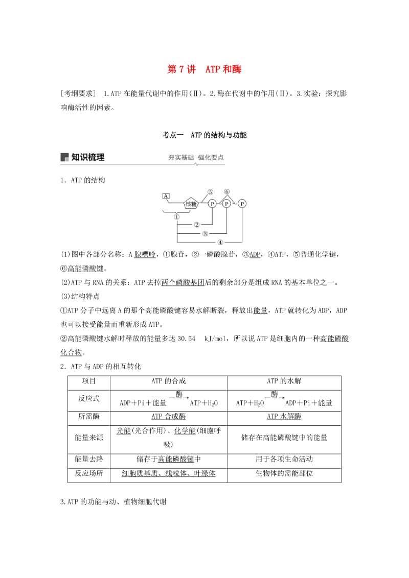 （人教通用）2020版高考生物大一轮复习 第三单元 细胞的能量供应和利用 第7讲 ATP和酶讲义.docx_第1页