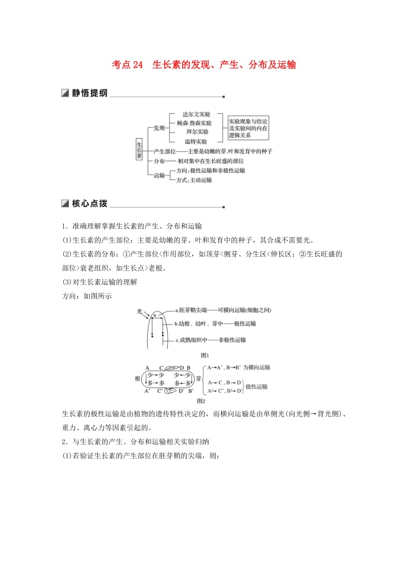 通用版2019版高考生物二轮复习专题八植物的激素调节考点24生长素的发现产生分布及运输学案.doc_第1页