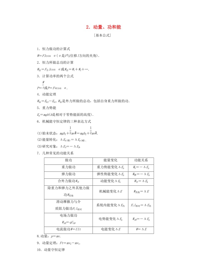 2019高考物理总复习提分策略一临考必记2动量功和能学案.docx_第1页