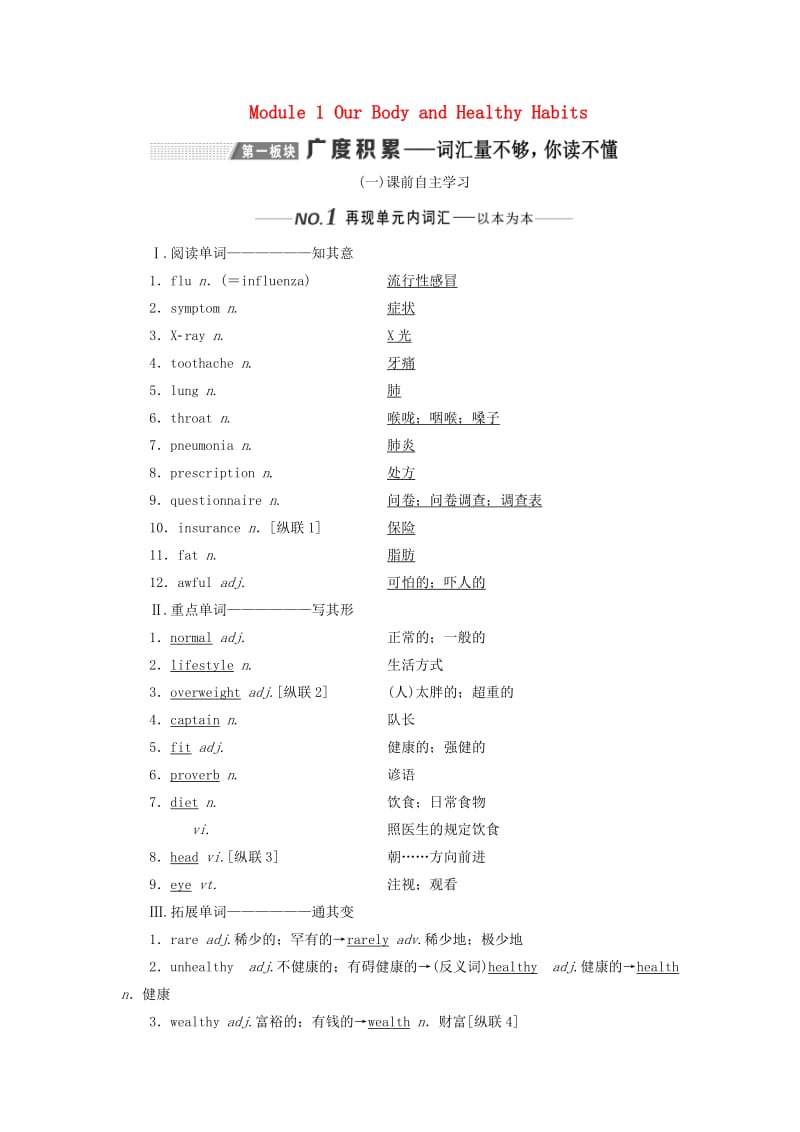 新课改2020版高考英语一轮复习Module1OurBodyandHealthyHabits学案含解析外研版必修2 .doc_第1页