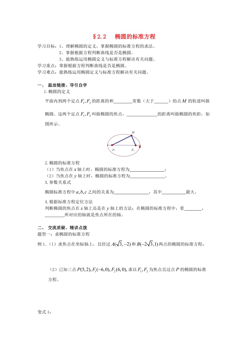 江苏省连云港市高中数学 第2章 平面解析几何初步 2.2 椭圆的标准方程学案（导学案）苏教版必修2.doc_第1页