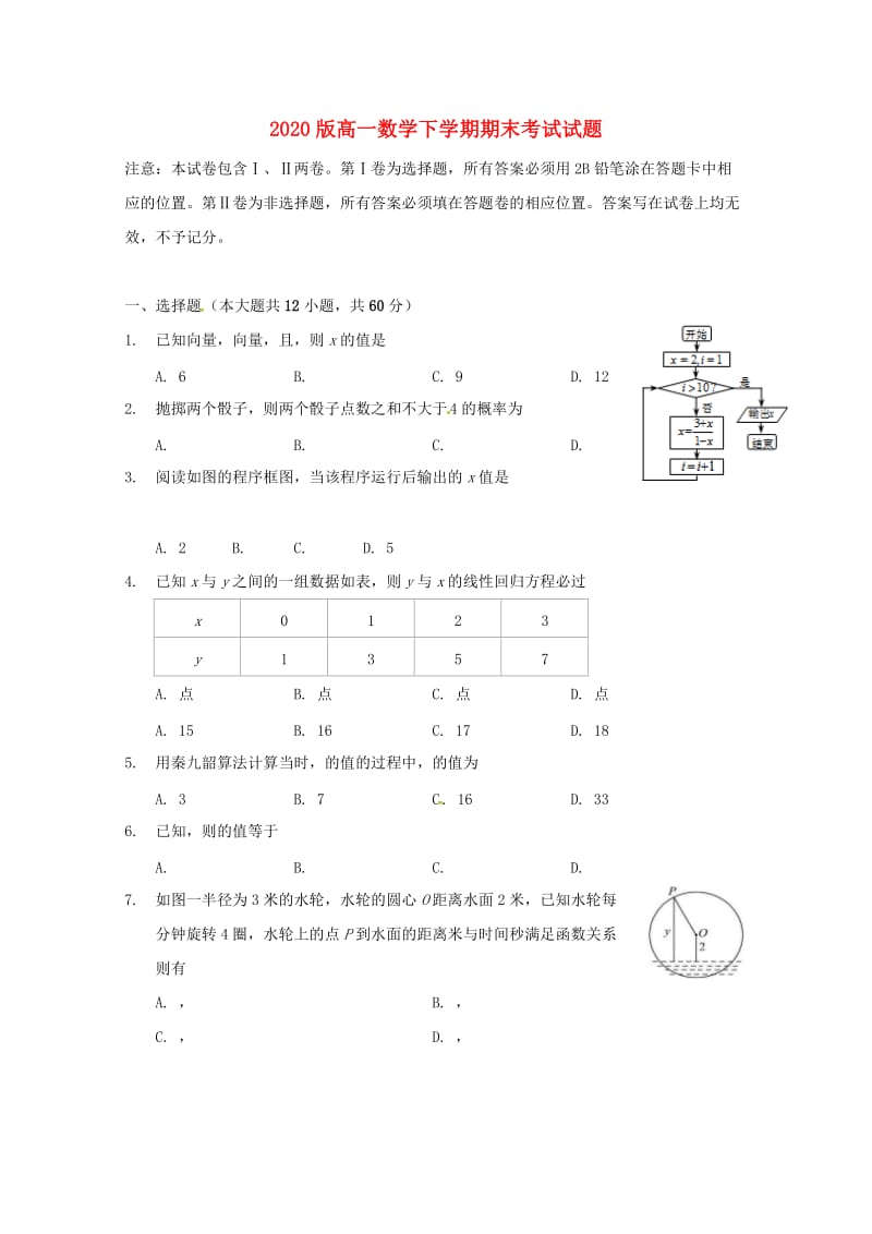 2020版高一数学下学期期末考试试题.doc_第1页