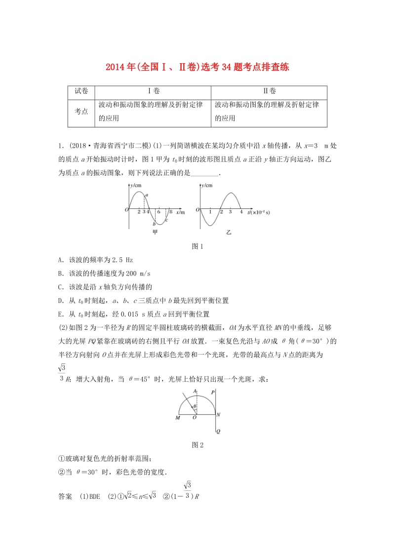 全国通用版2019高考物理总复习优编增分练：鸭题考点排查练22014年全国ⅠⅡ卷鸭34题考点排查练.doc_第1页