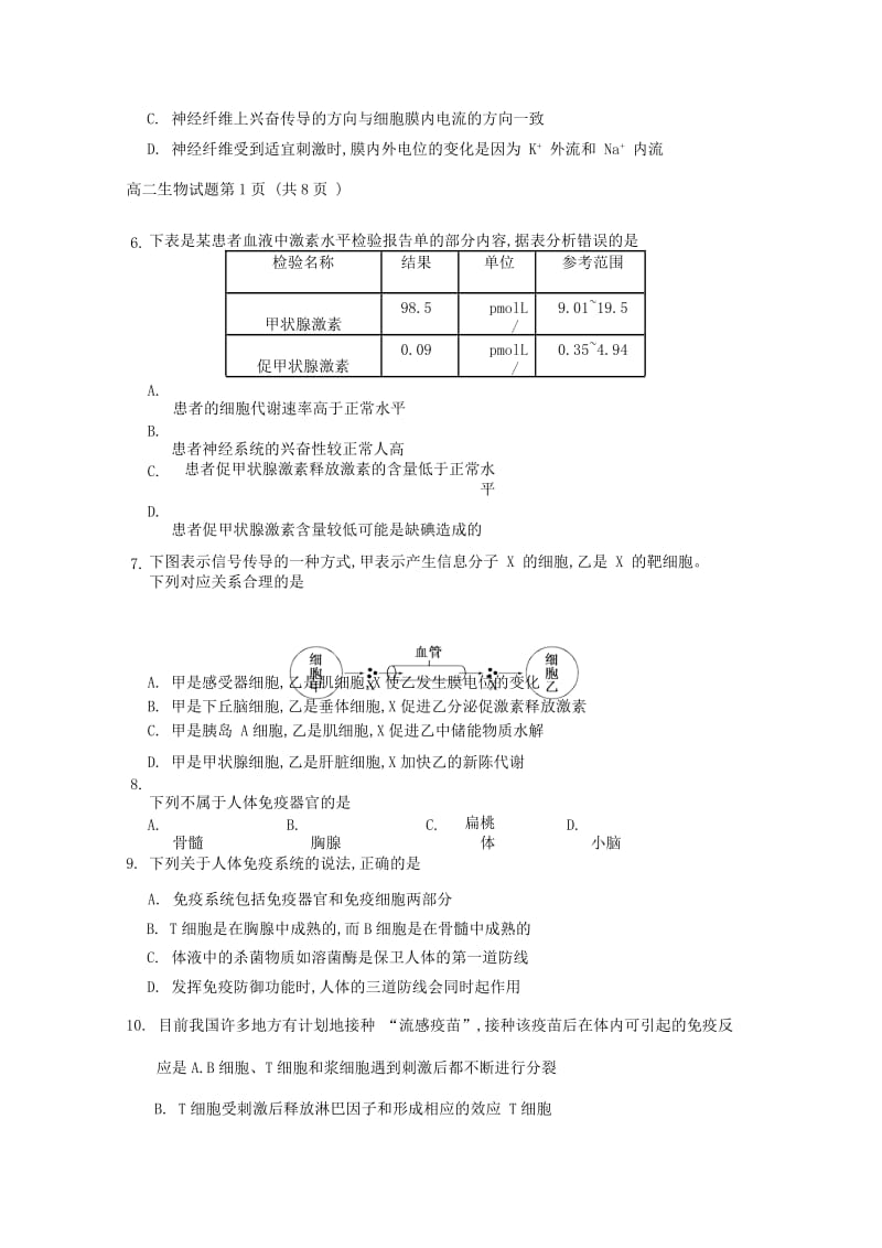 2019-2020学年高二生物下学期第一次调研考试试题.doc_第2页