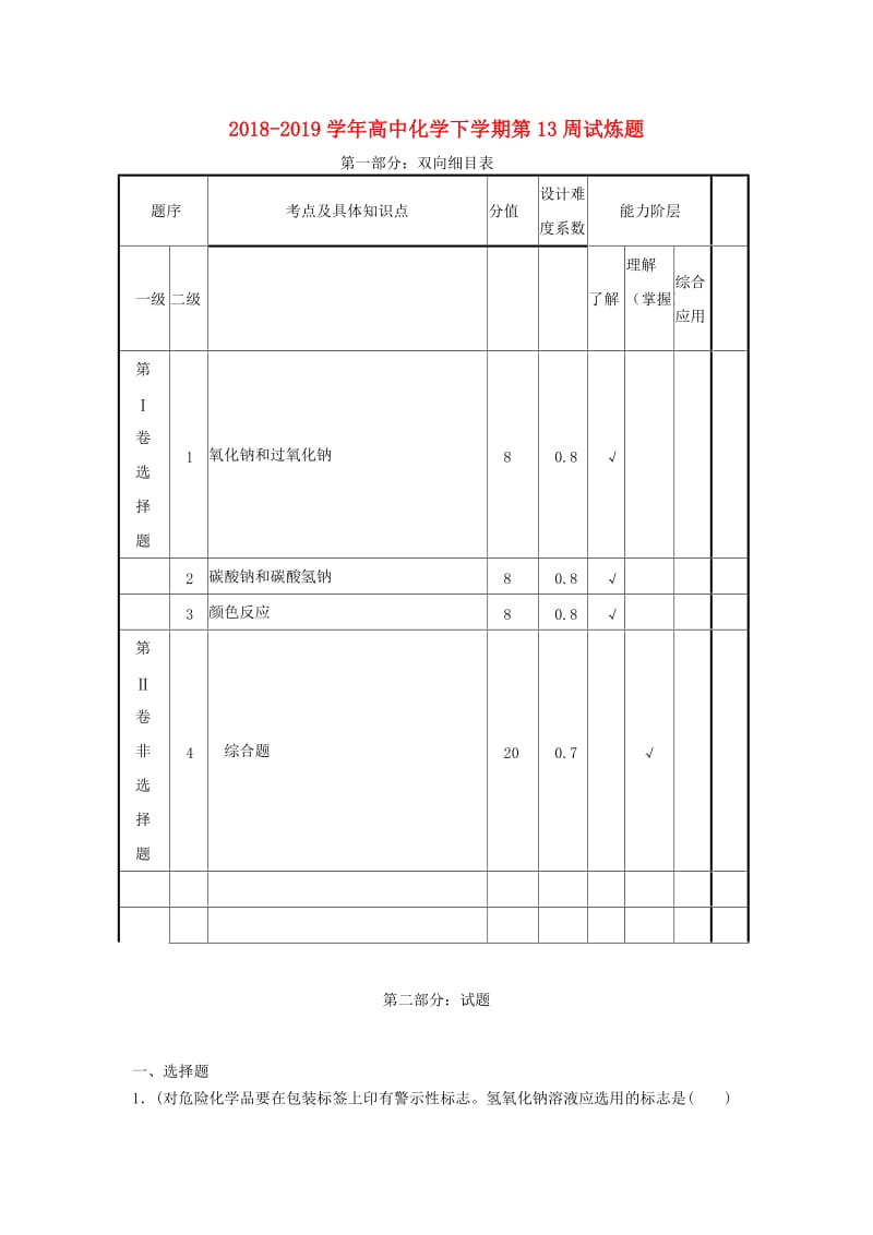 2018-2019学年高中化学下学期第13周试炼题.doc_第1页