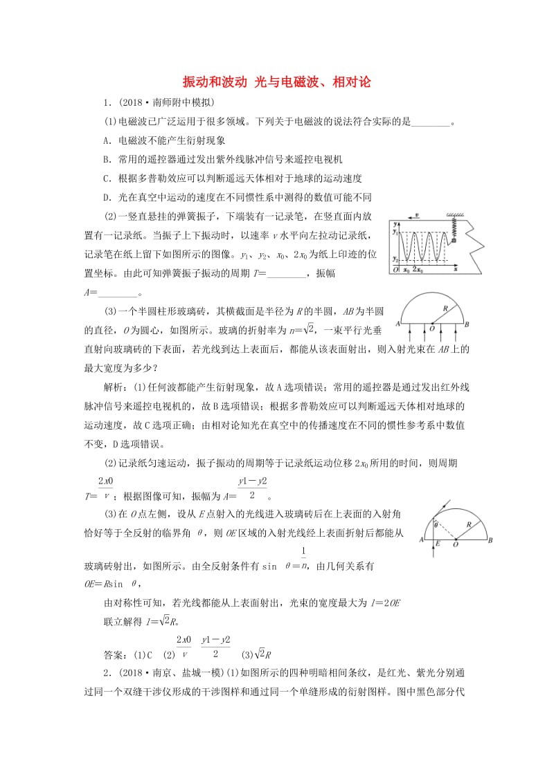 （江苏专版）2019版高考物理二轮复习 专题七 第二讲 振动和波动 光与电磁波、相对论课前自测诊断卷（含解析）.doc_第1页