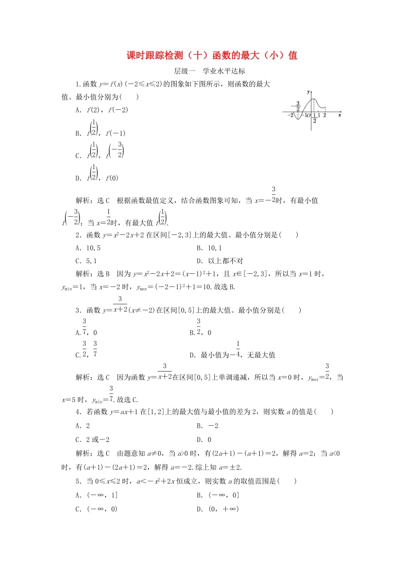 浙江专版2017-2018学年高中数学课时跟踪检测十函数的最大小值新人教A版必修1 .doc_第1页