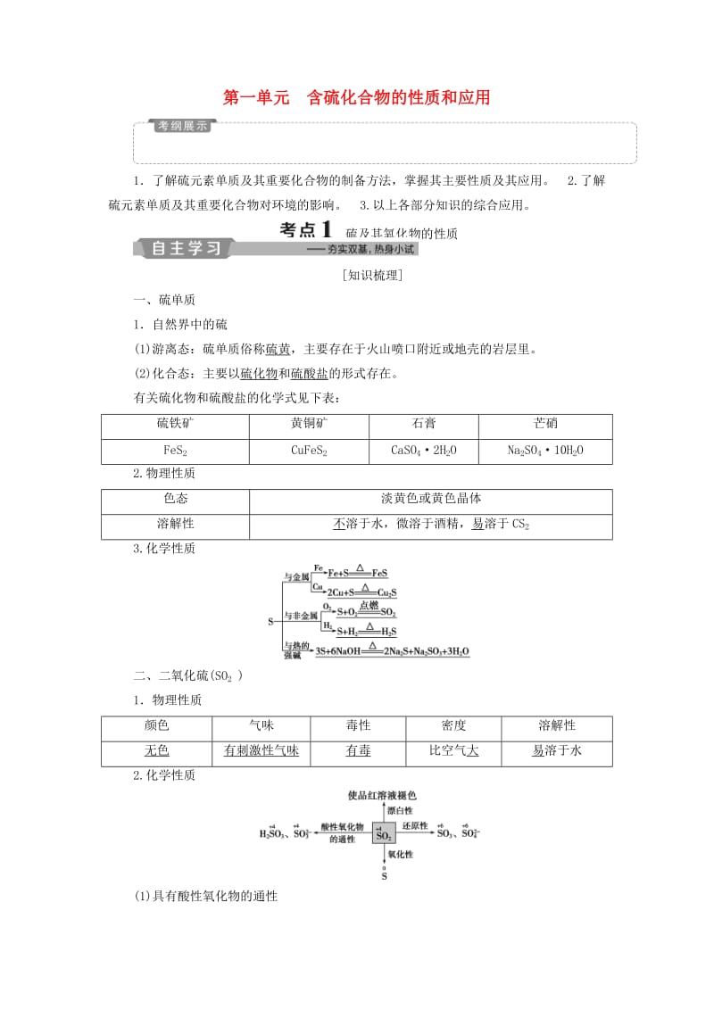 江苏专用2019版高考化学一轮复习专题4硫氮和可持续发展1第一单元含硫化合物的性质和应用教案.doc_第1页