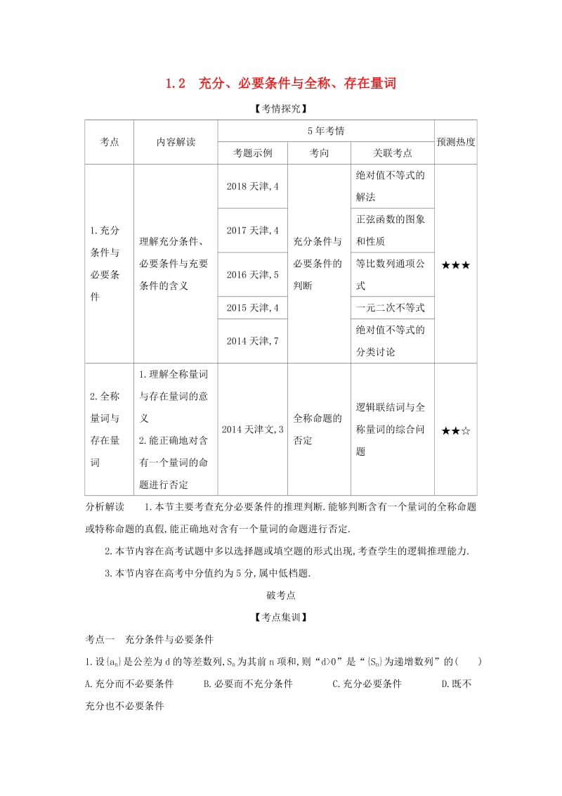 （天津专用）2020版高考数学大一轮复习 1.2 充分、必要条件与全称、存在量词精练.docx_第1页