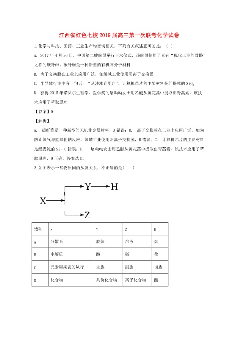 江西省红色七校2019届高三化学第一次联考试题（含解析）.doc_第1页