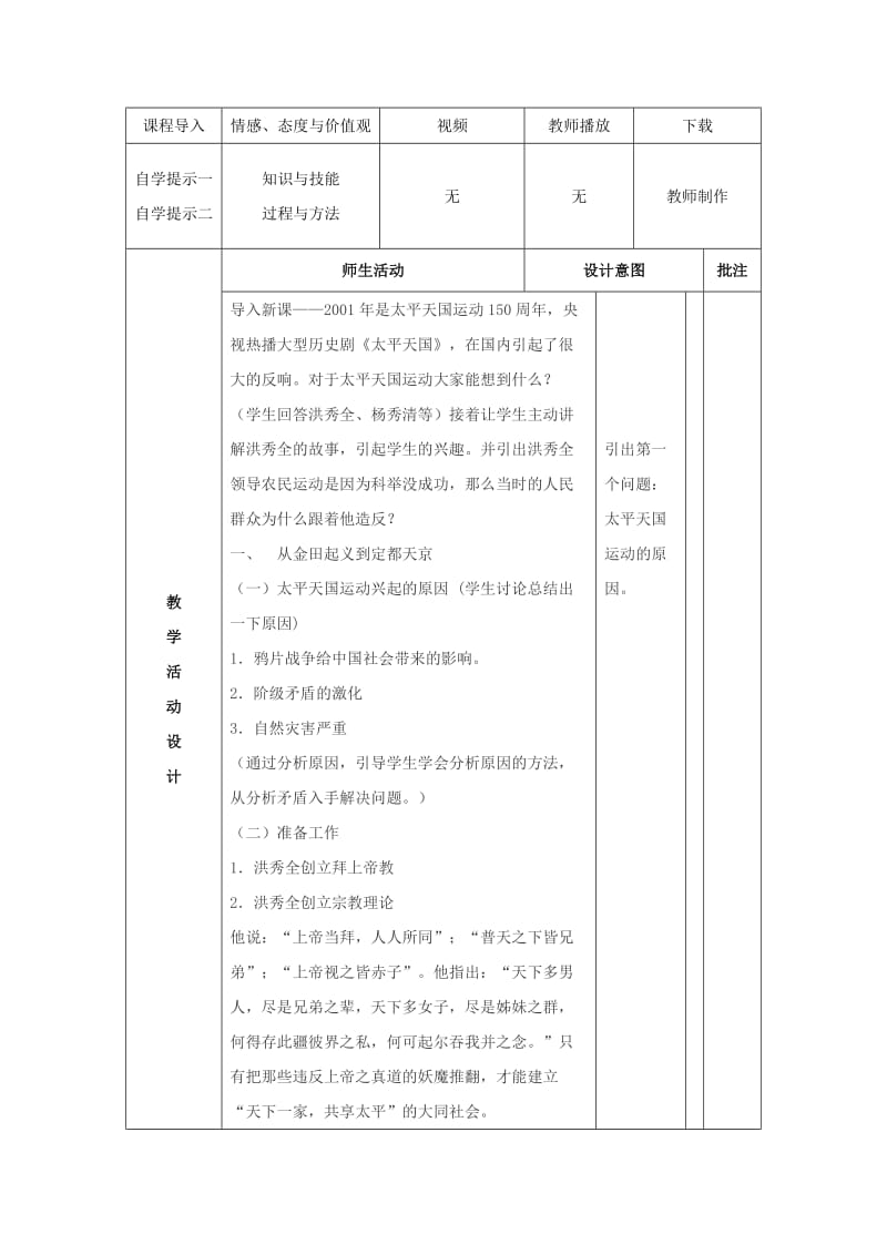 陕西省石泉县高中历史 专题三 近代中国的民主革命 3.1 太平天国运动教案 人民版必修1.doc_第2页