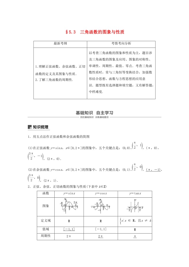 （浙江專用）2020版高考數(shù)學(xué)新增分大一輪復(fù)習(xí) 第五章 三角函數(shù)、解三角形 5.3 三角函數(shù)的圖象與性質(zhì)講義（含解析）.docx