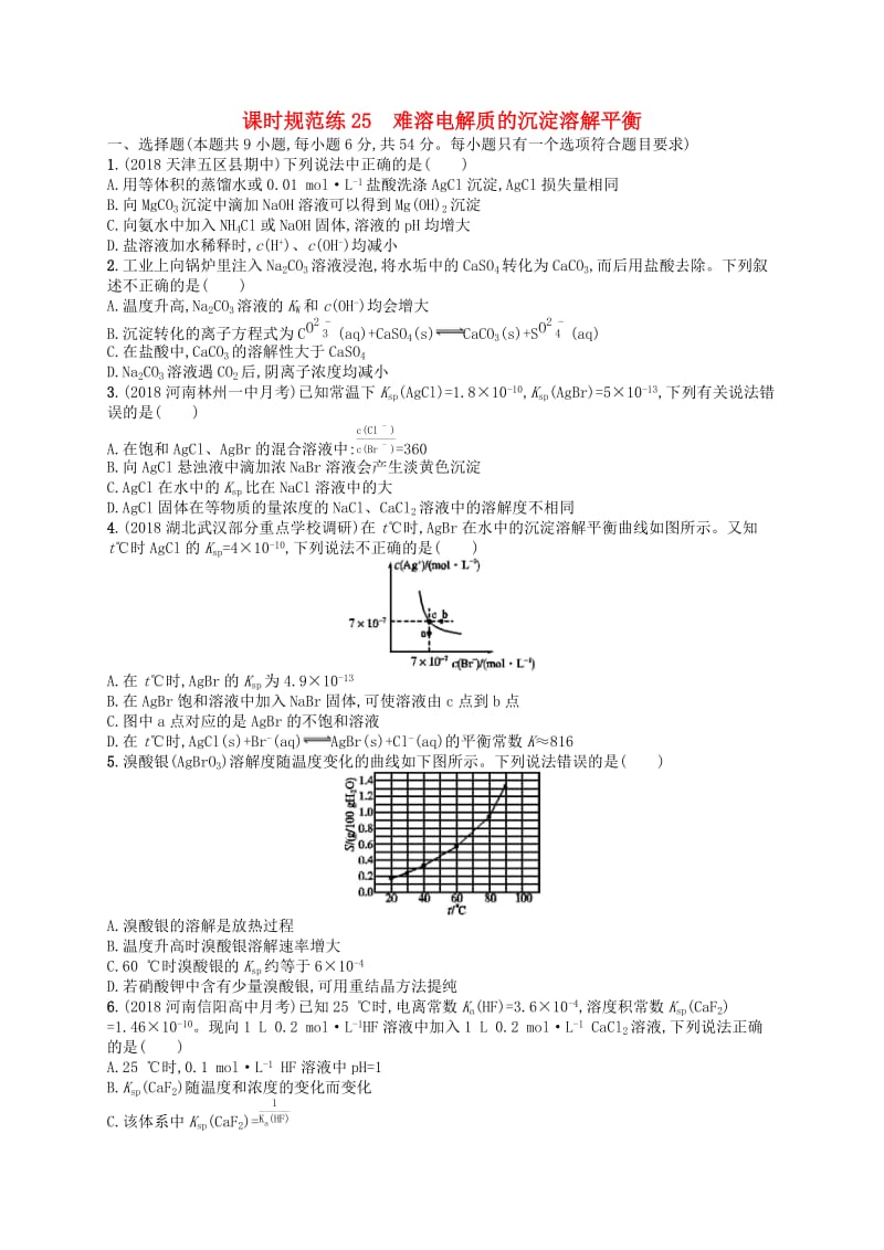 （江苏专用）2020高考化学一轮复习 课时规范练25 难溶电解质的沉淀溶解平衡.docx_第1页