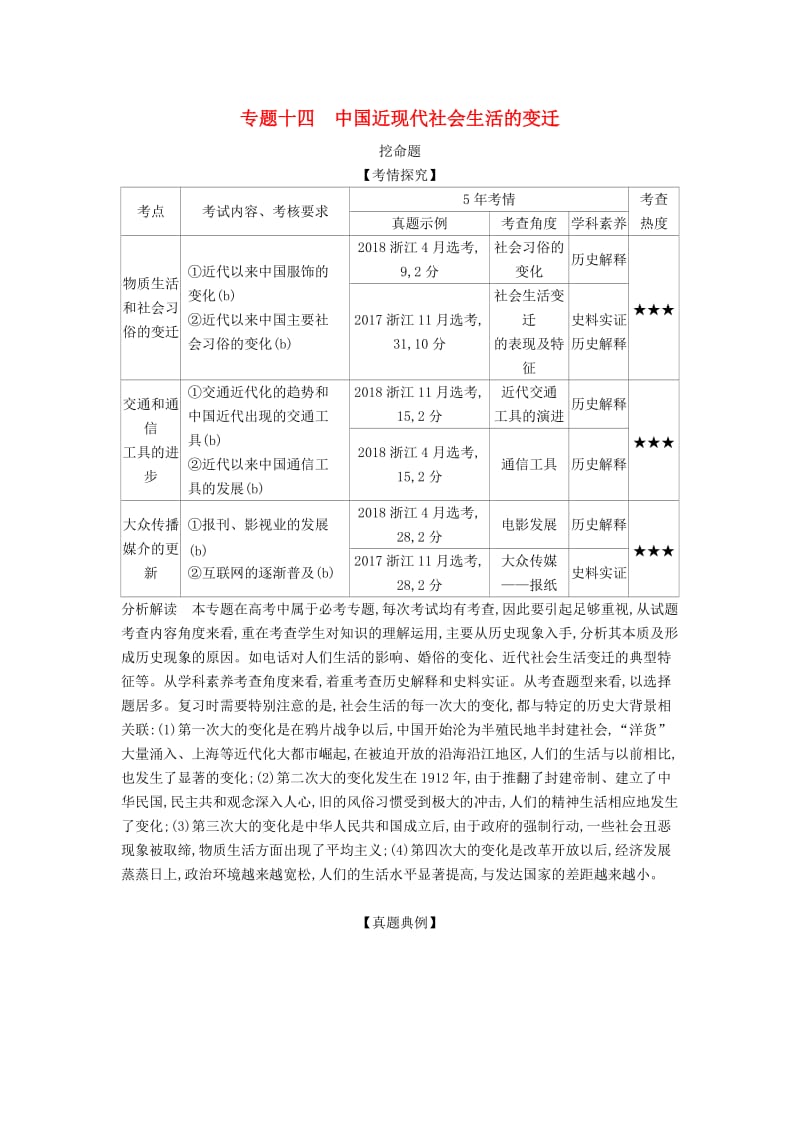 （浙江专版 5年高考3年模拟）2020版高考历史一轮总复习 专题十四 中国近现代社会生活的变迁教师用书（含解析）.docx_第1页