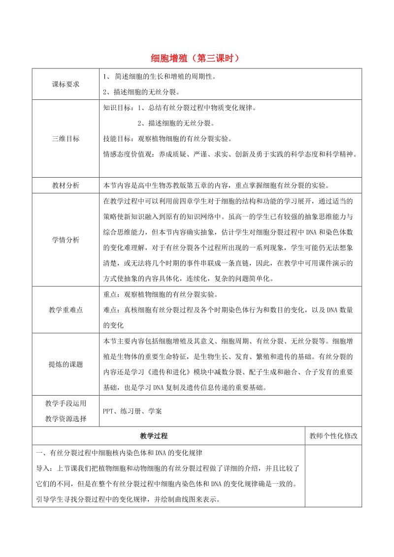 陕西省安康市石泉县高中生物 第五章 细胞增殖（第三课时）教案 苏教版必修1.doc_第1页