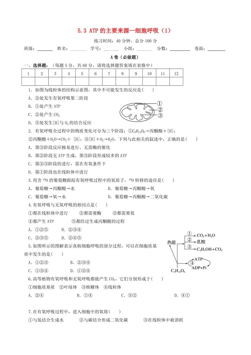 四川省成都市高中生物 第五章 细胞的能量供应和利用 5.3 细胞呼吸限时练新人教版必修1.doc_第1页