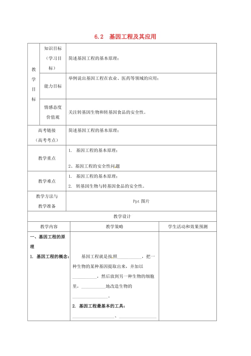 内蒙古开鲁县高中生物 第六章 从杂交育种到基因工程 6.2 基因工程及应用教案 新人教版必修2.doc_第1页