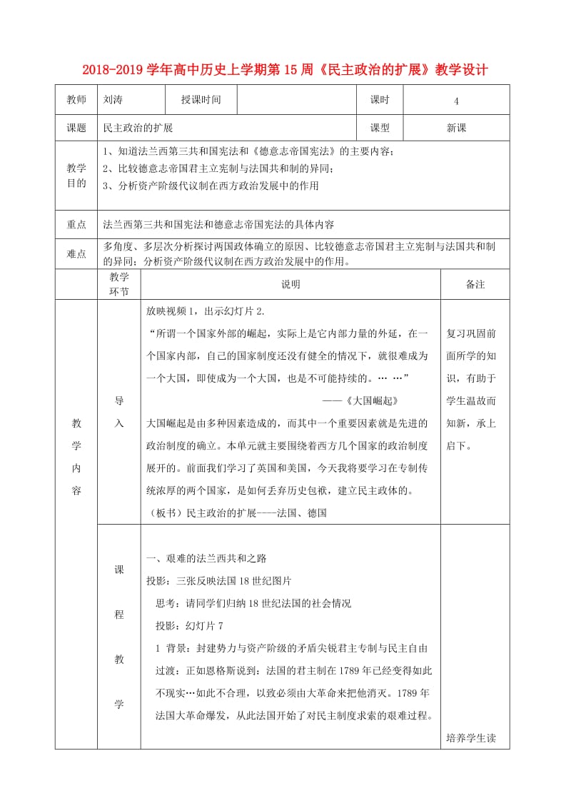 2018-2019学年高中历史上学期第15周《民主政治的扩展》教学设计.doc_第1页