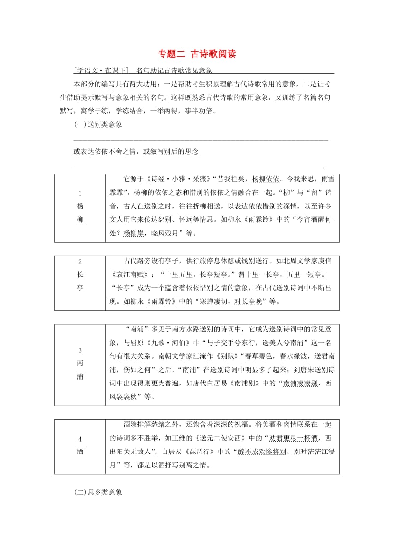 通用版2020高考语文一轮复习专题二古诗歌阅读第三步名句助记古诗歌常见意象讲义.doc_第1页