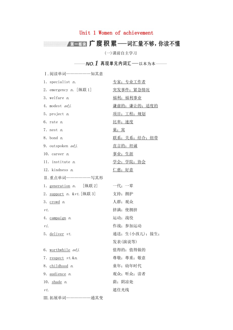 （新课改）2020高考英语一轮复习 Unit 1 Women of achievement学案（含解析）新人教版必修4.doc_第1页