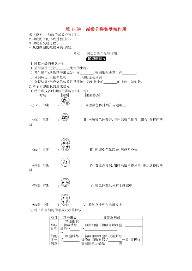 2019版高考生物一轮复习 第4单元 细胞的生命历程 第13讲 减数分裂和受精作用学案 苏教版.doc_第1页