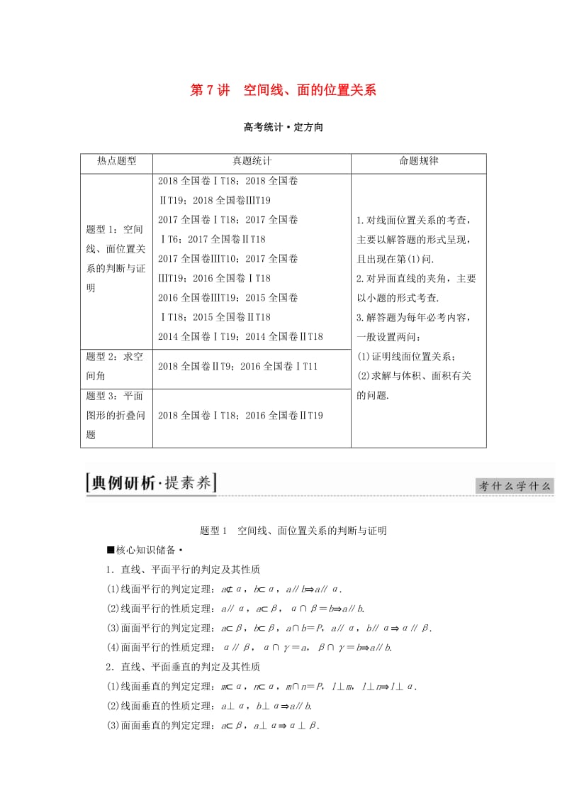 2019高考数学“一本”培养专题突破 第2部分 专题4 立体几何 第7讲 空间线、面的位置关系学案 文.doc_第1页