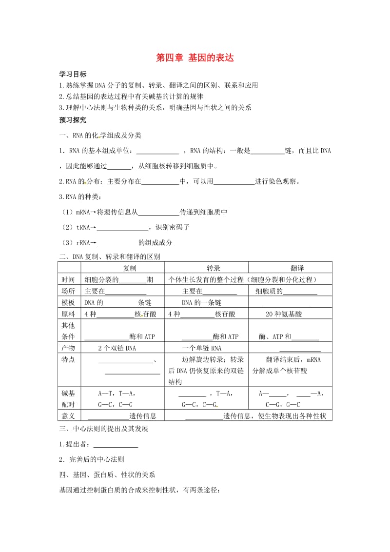 山东省平邑县高中生物 第四章 基因的表达学案新人教版必修2.doc_第1页