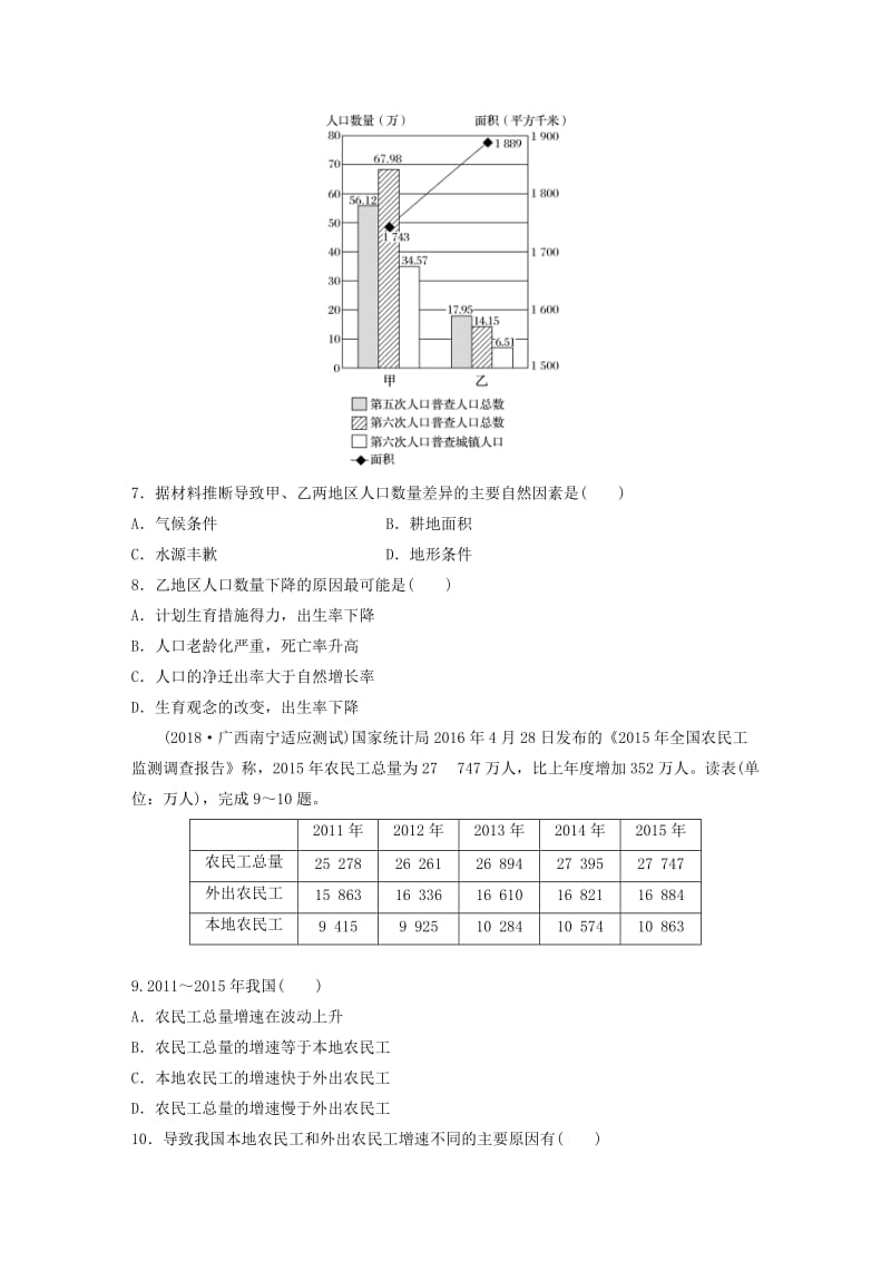 （全国）2019版高考地理 单元检测六 人口与环境 湘教版.doc_第3页