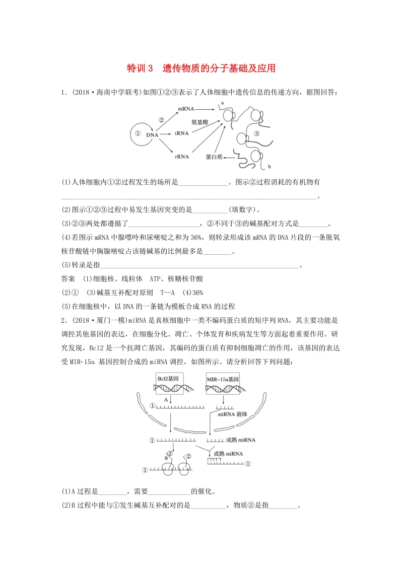 全国通用版2019高考生物二轮复习优编增分练：非选择题特训3遗传物质的分子基础及应用.doc_第1页