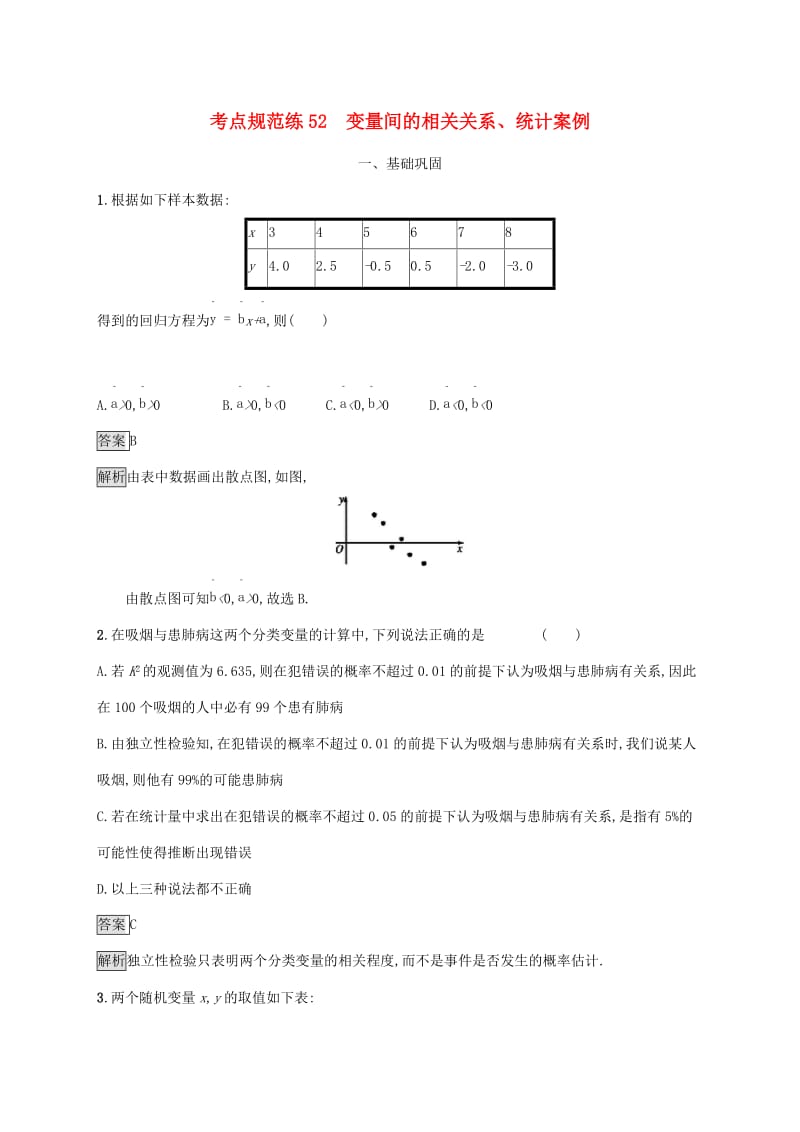 广西2020版高考数学一轮复习 考点规范练52 变量间的相关关系、统计案例 文.docx_第1页