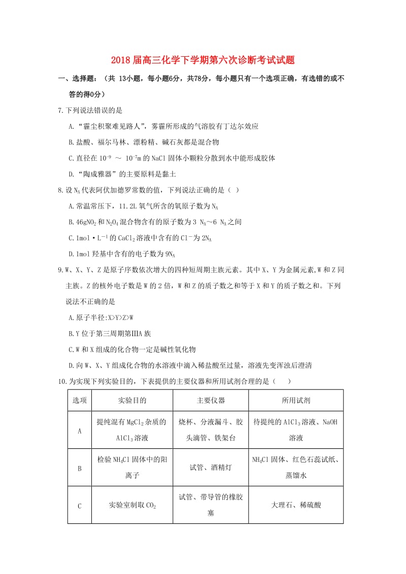 2018届高三化学下学期第六次诊断考试试题.doc_第1页