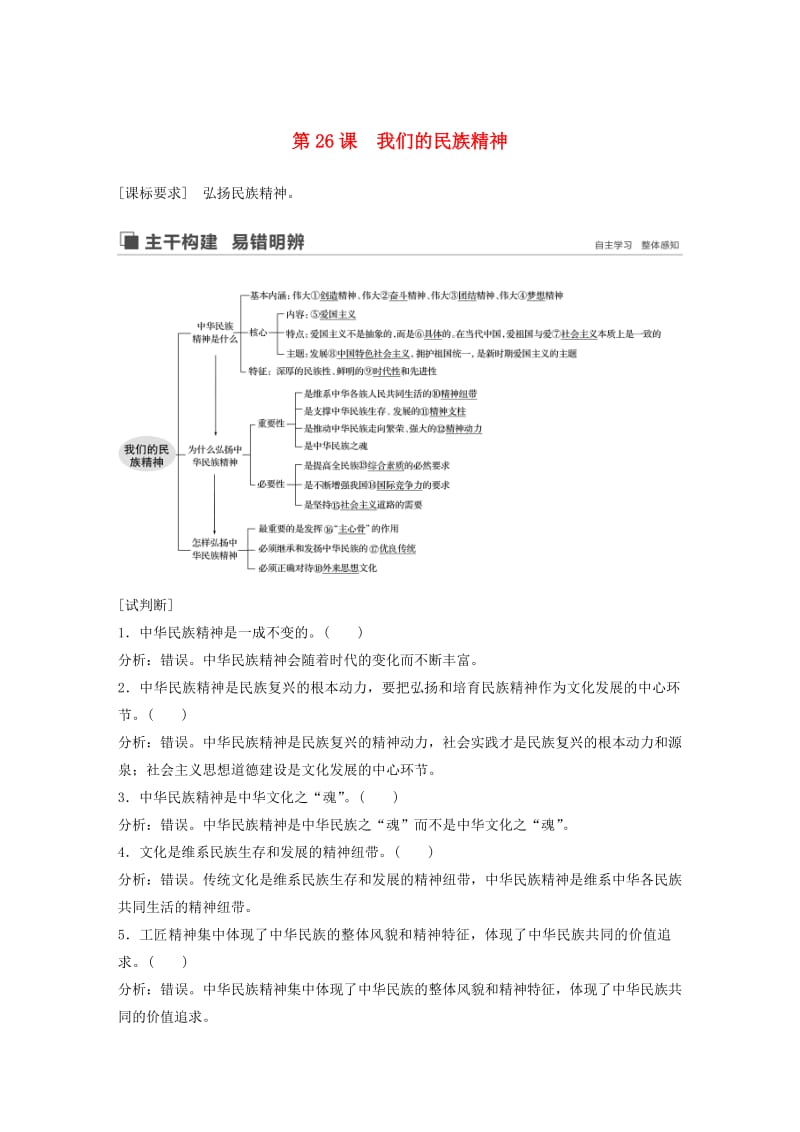 鲁京津琼专用2020版高考政治大一轮复习第十一单元中华文化与民族精神第26课我们的民族精神讲义.doc_第1页