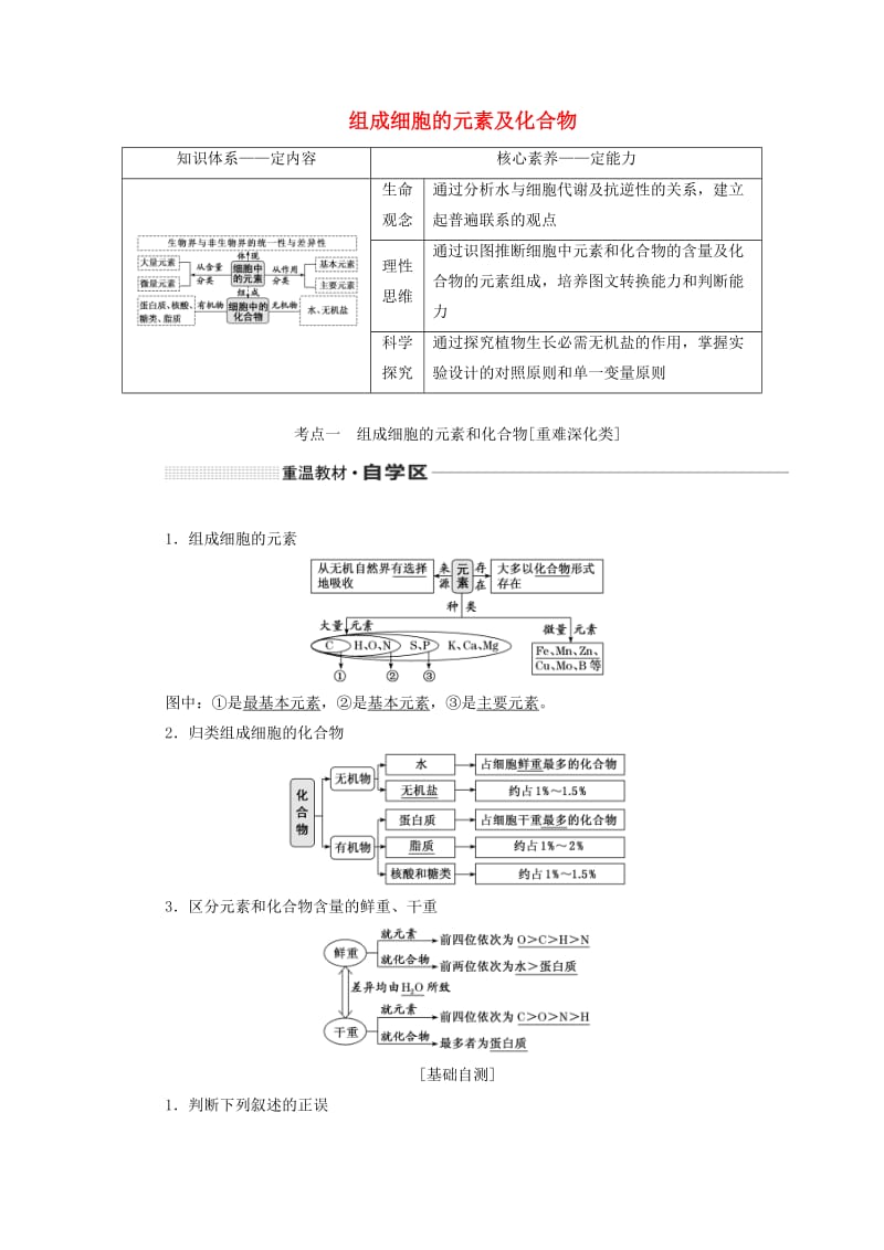 （新课改省份专用）2020版高考生物一轮复习 第一单元 第一讲 组成细胞的元素及化合物讲义（含解析）.doc_第1页