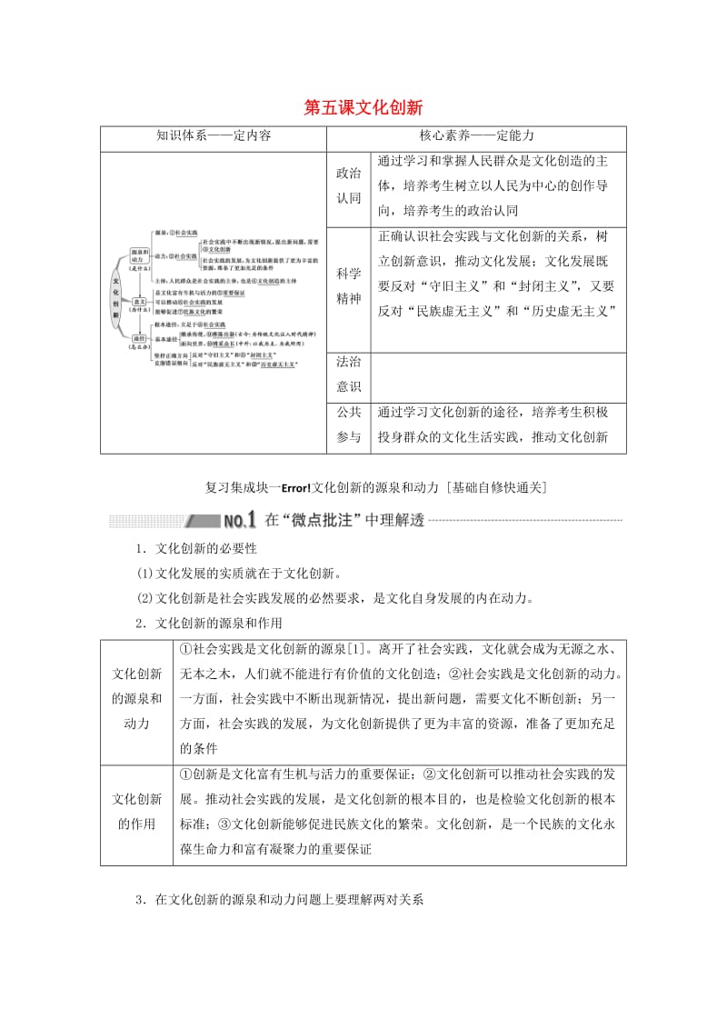 （新课改省份专用）2020高考政治一轮复习 第三模块 文化与生活 第二单元 文化传承与创新 第五课 文化创新讲义（含解析）.doc_第1页