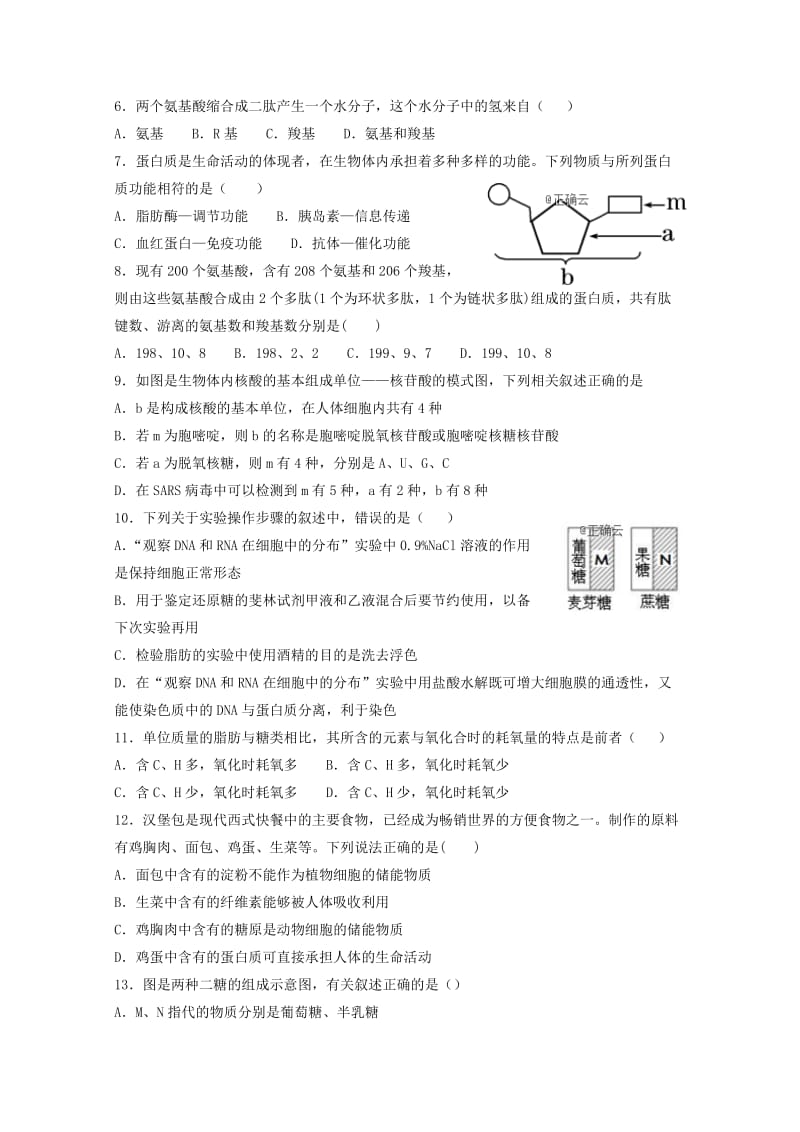 2018-2019学年高一生物上学期考试试题无答案.doc_第2页