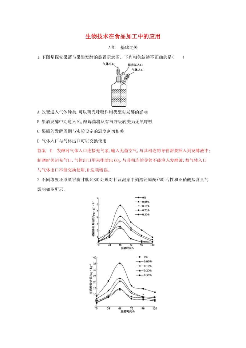 （浙江选考）2020版高考生物一轮复习 第32讲 生物技术在食品加工中的应用夯基提能作业本（含解析）.docx_第1页