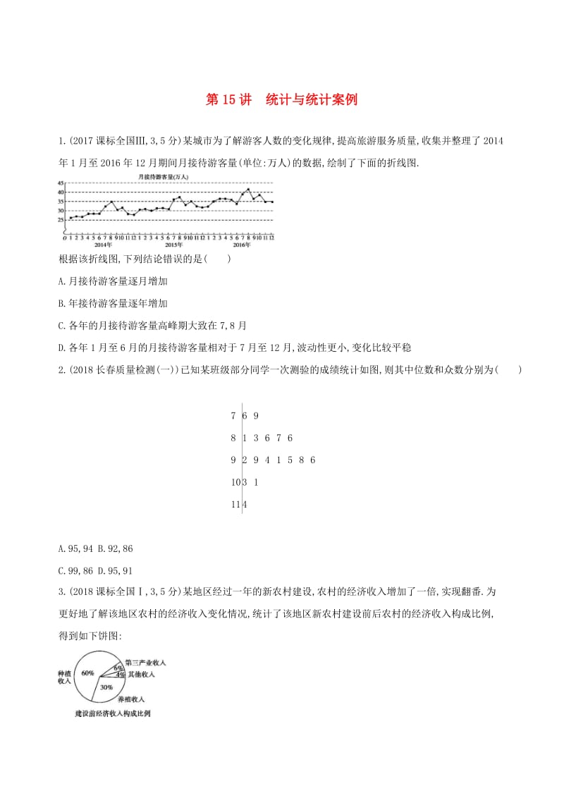 2019高考数学二轮复习 第15讲 统计与统计案例练习 理.docx_第1页