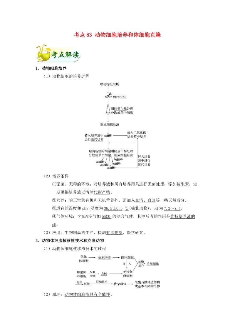 2019年高考生物 考点一遍过 考点83 动物细胞培养和体细胞克隆（含解析）.doc_第1页