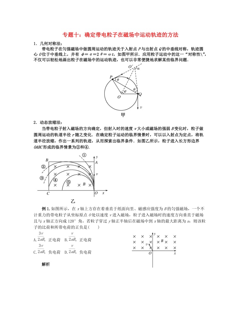 高考物理总复习 解题方法专题精细讲解 专题十 确定带电粒子在磁场中运动轨迹的方法学案.doc_第1页