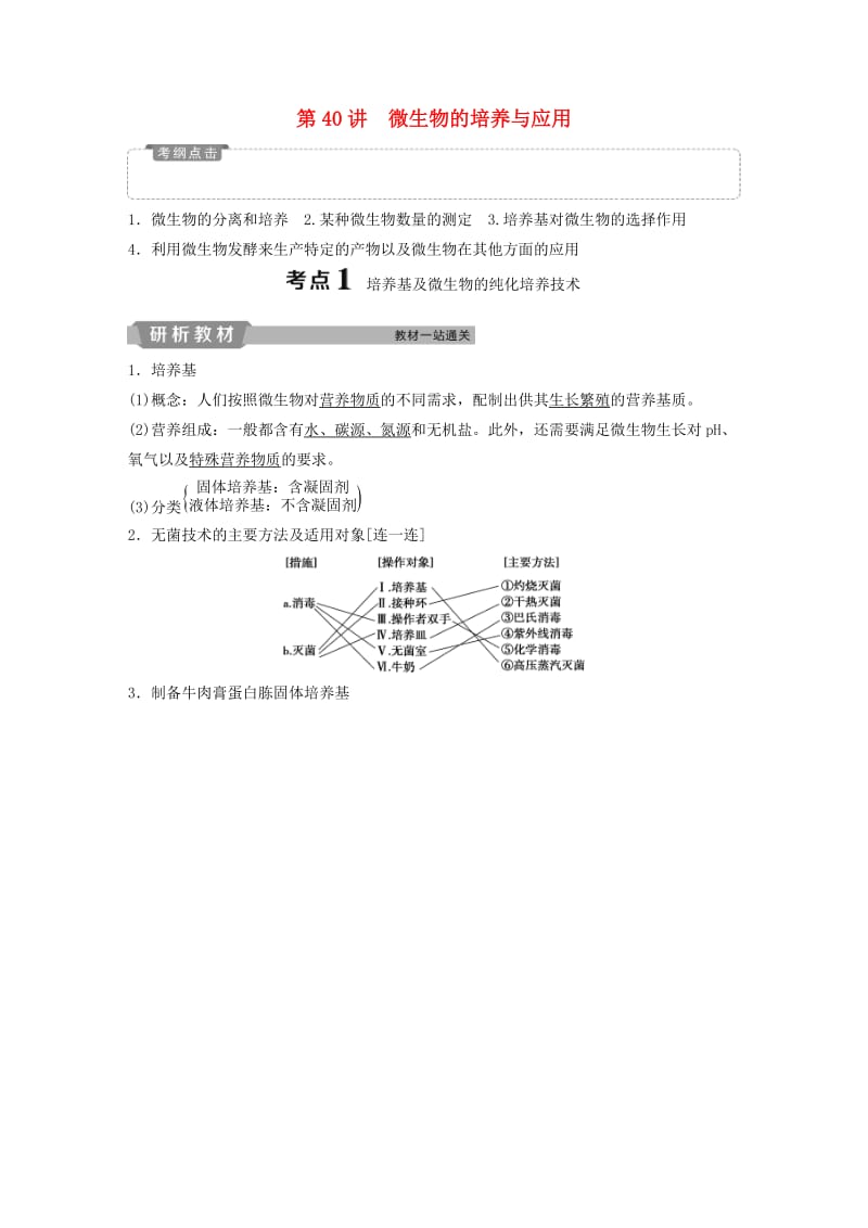 2019届高考生物一轮复习 第十二单元 生物技术实践 第40讲 微生物的培养与应用学案.doc_第1页