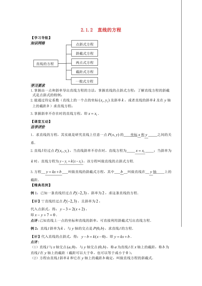 江苏省连云港市高中数学 第2章 平面解析几何初步 2.1.2 直线的方程学案（导学案）苏教版必修2.doc_第1页