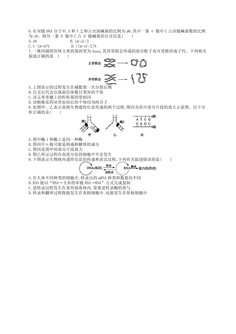 新课标2019高考生物二轮复习选择题考前抢分训练4遗传的细胞基础与分子基础.docx_第2页