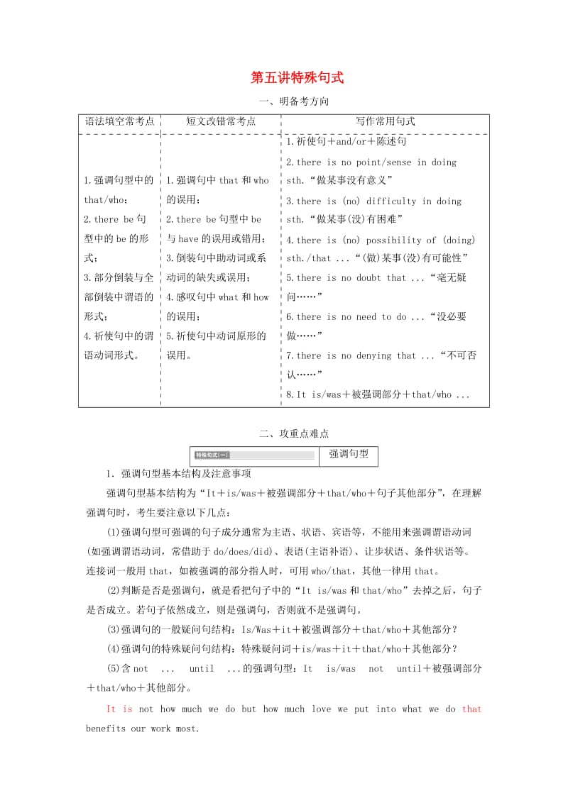 通用版2019高考英语二轮复习第三板块语法填空与短文改错NO.2再研考点第二层级第五讲特殊句式讲义.doc_第1页