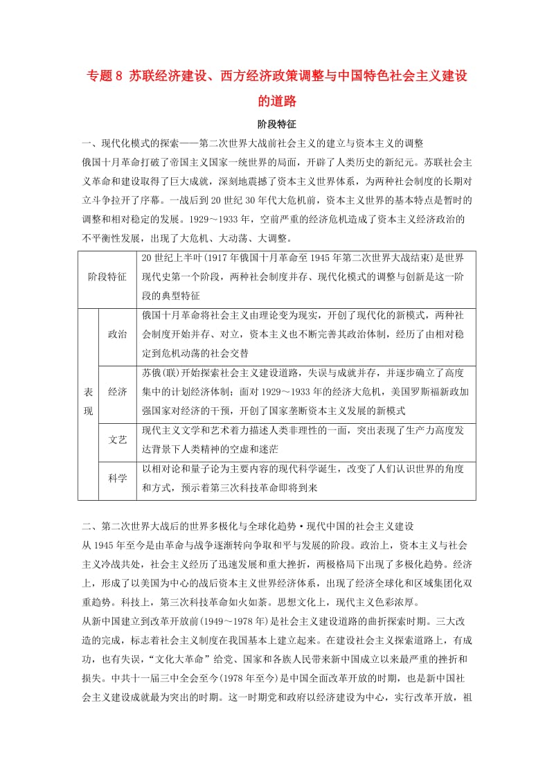 全国版2019高考历史总复习板块三现代世界与中国专题8苏联经济建设西方经济政策调整与中国特色社会主义建设的道路学案.doc_第1页