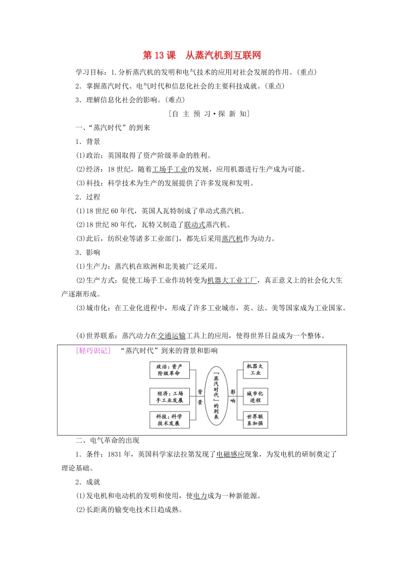 （全国通用版）2018-2019高中历史 第四单元 近代以来世界的科学发展历程 第13课 从蒸汽机到互联网学案 新人教版必修3.doc_第1页