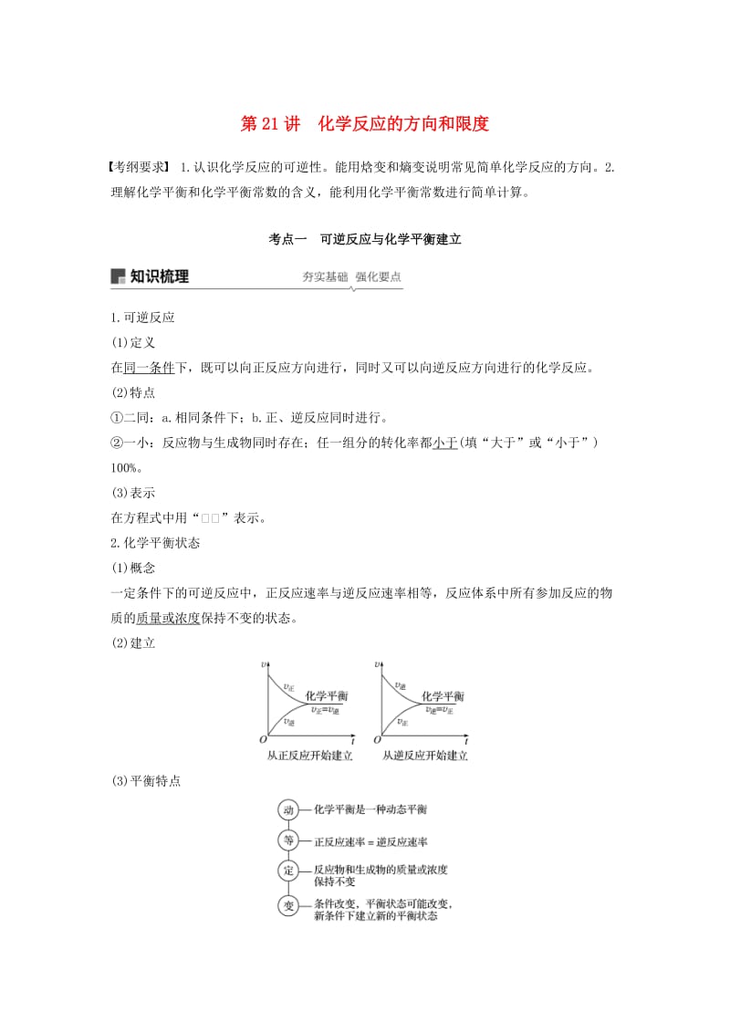 江苏省2020版高考化学新增分大一轮复习 专题7 化学反应速率与化学平衡 第21讲 化学反应的方向和限度讲义（含解析）苏教版.docx_第1页